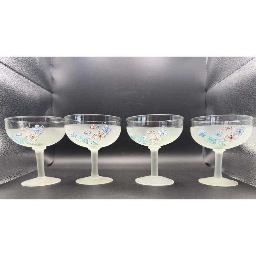Vintage Floral Champagne Coupe Sherbet Glasses Frosted Stem Set of 4